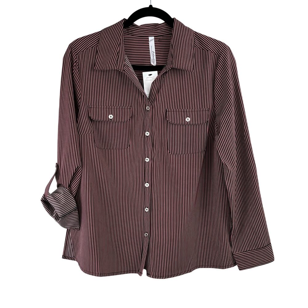 NY Collection Petite L NWT Pink Black Striped Button Up Tunic Blouse Roll Tab